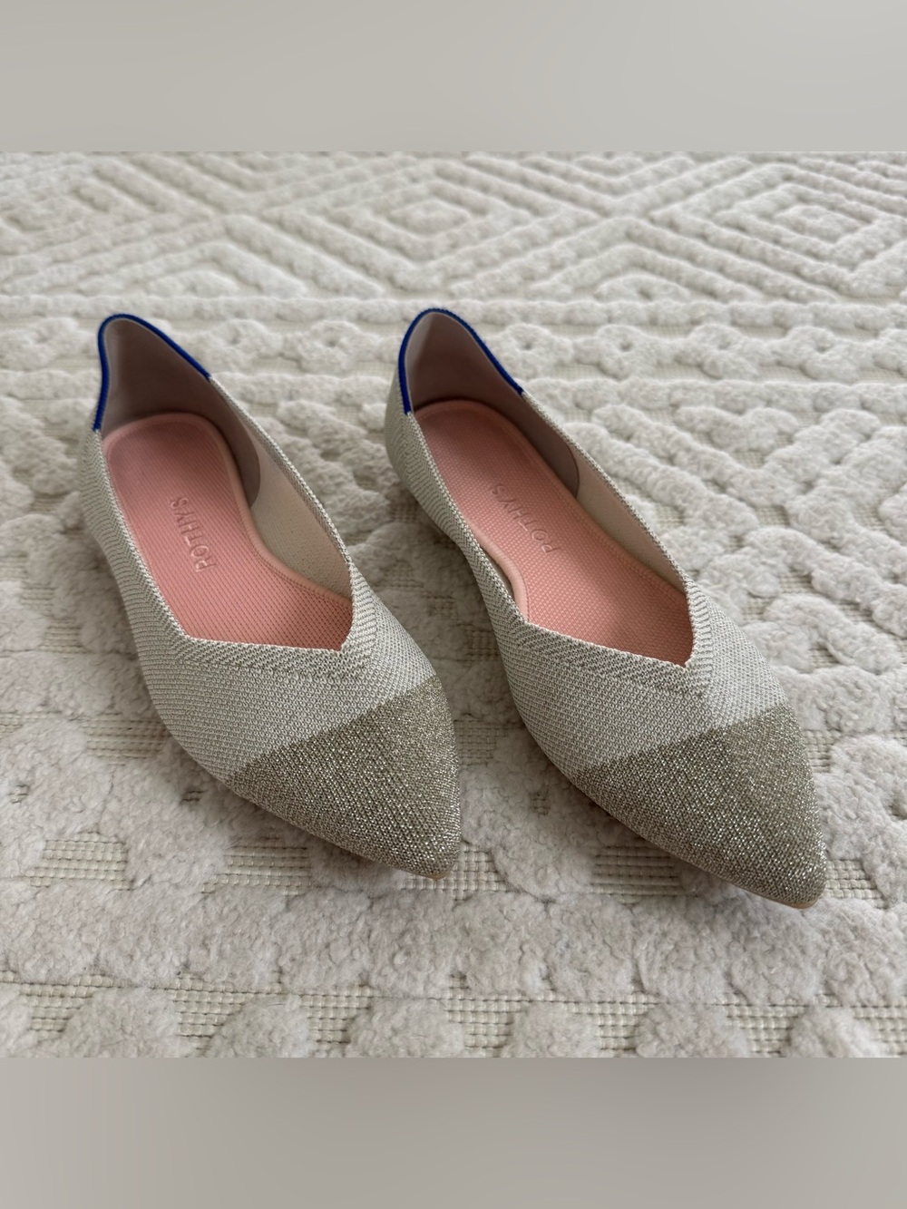 Rothy’s The Point Metallic Cap Toe Flats Cream Silver Knit Women’s 8.5 Washable